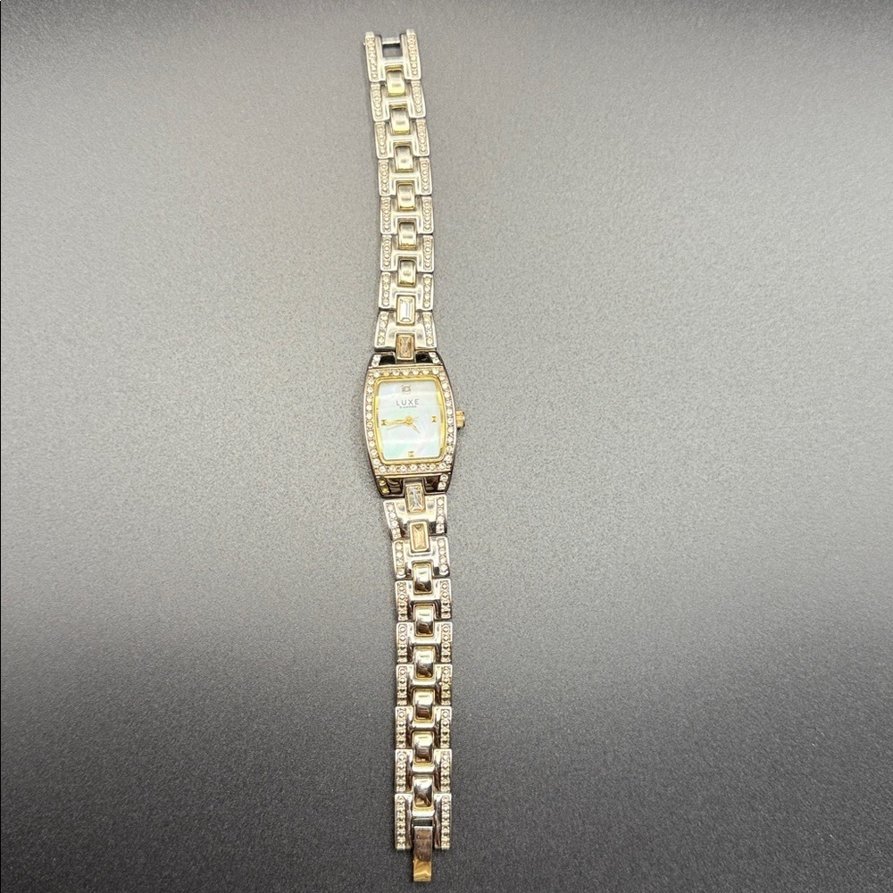 VintageLuv Diamond Gold Watch Crystal Accents Mother of Pearl Like Face Works!